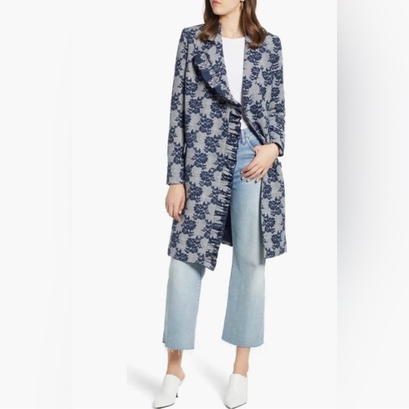 HALOGEN Ruffle Front Topper Coat Gray Plaid Blue Floral Size XXS Petite - Picture 2 of 14